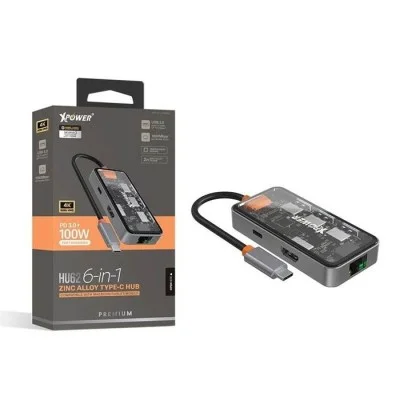 Xpower HU62 6 In 1 100 Watts PD Type-C Hub - Transparent Grey